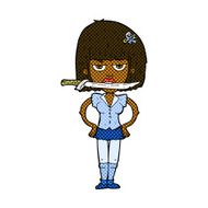 comic cartoon woman with knife between teeth N6