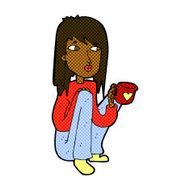 comic cartoon woman sitting with cup of coffee N2