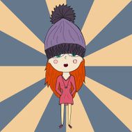 Cute cartoon teenage girl with big head in hat