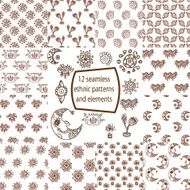 set of 12 ethnic abstract hand-drawn seamless patterns and elements