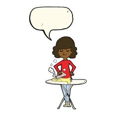 cartoon woman ironing with speech bubble N8