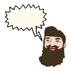 cartoon laughing bearded man with speech bubble N7
