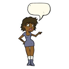 cartoon worried woman in dress pointing with speech bubble N8