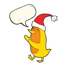 cartoon bird wearing xmas hat with speech bubble N4