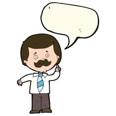 cartoon newsreader man with idea speech bubble N7