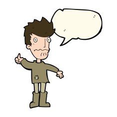 cartoon worried man giving thumbs up symbol with speech bubble N7
