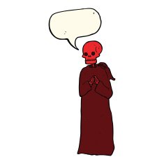 cartoon spooky skeleton in robe with speech bubble N4