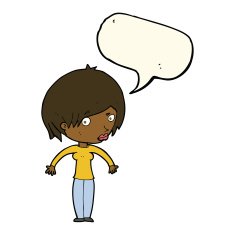 cartoon woman shrugging with speech bubble N44
