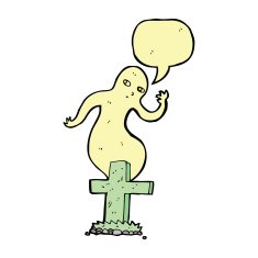 cartoon ghost rising from grave with speech bubble N16
