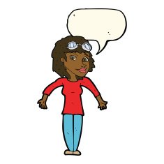 cartoon woman wearing goggles with speech bubble N8