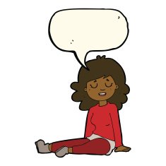 cartoon happy woman sitting on floor with speech bubble N16