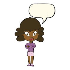 cartoon happy woman with folded arms speech bubble N16
