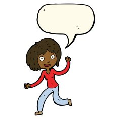 cartoon happy waving girl with speech bubble N8
