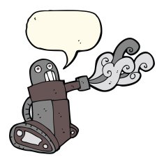 cartoon tank robot with speech bubble N8