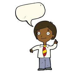 cartoon school boy answering question with speech bubble N34
