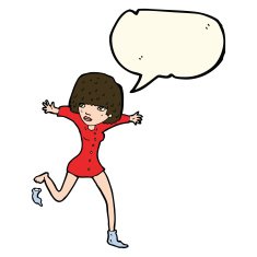 cartoon woman kicking off sock with speech bubble N8