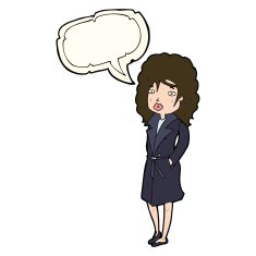 cartoon woman in trench coat with speech bubble N20