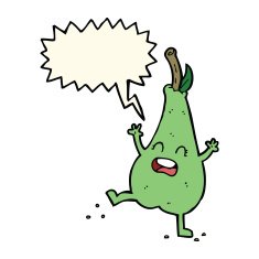 cartoon happy dancing pear with speech bubble N6