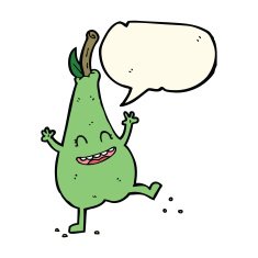 cartoon happy dancing pear with speech bubble N7