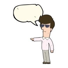 cartoon man in glasses pointing with speech bubble N7