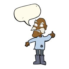 cartoon angry old man in patched clothing with speech bubble N8