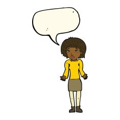 cartoon woman shrugging shoulders with speech bubble N360