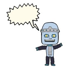 cartoon waving robot with speech bubble N16