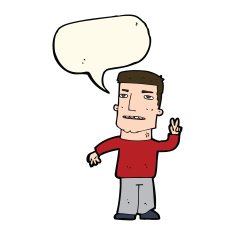 cartoon man giving peace sign with speech bubble N41