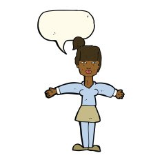 cartoon woman shrugging shoulders with speech bubble N365
