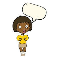cartoon woman making Who Me? gesture with speech bubble N35