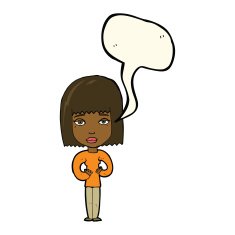 cartoon woman indicating self with speech bubble N7