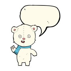 cartoon waving polar bear cub with scarf speech bubble N4