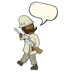 cartoon big game hunter with speech bubble N8