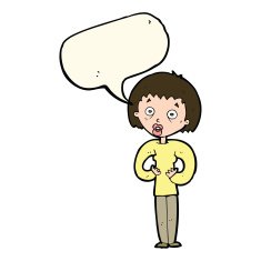 cartoon woman gesturing at self with speech bubble N21
