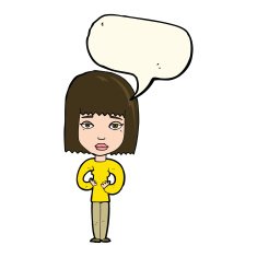 cartoon woman indicating self with speech bubble N8
