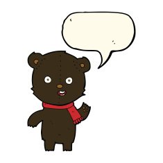 cartoon waving black bear cub with scarf speech bubble N4