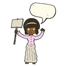 cartoon Victorian woman protesting with speech bubble N4