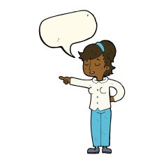 cartoon friendly woman pointing with speech bubble N7