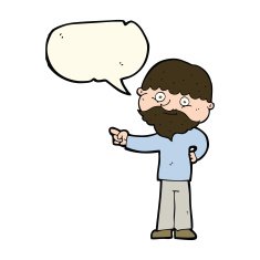 cartoon bearded man pointing with speech bubble N7