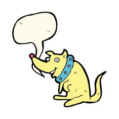 cartoon happy dog in big collar with speech bubble N8