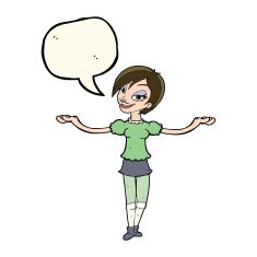 cartoon woman making open arm gesture with speech bubble N7