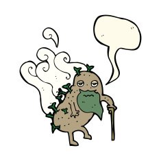 cartoon old potato with speech bubble N7