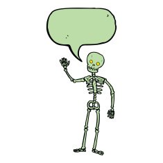cartoon waving skeleton with speech bubble N7