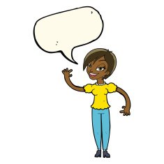 cartoon woman waving with speech bubble N261