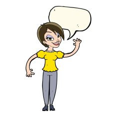 cartoon woman waving with speech bubble N262