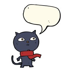 cartoon black cat wearing scarf with speech bubble N4