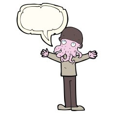 cartoon alien squid face man with speech bubble N8