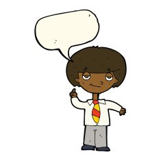 cartoon school boy answering question with speech bubble N36