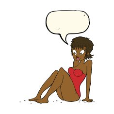 cartoon woman in swimsuit with speech bubble N8