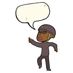 cartoon man in bike helmet pointing with speech bubble N7